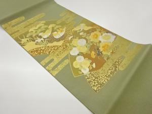 金彩地紙に鴛鴦・鶴・花々模様袋帯